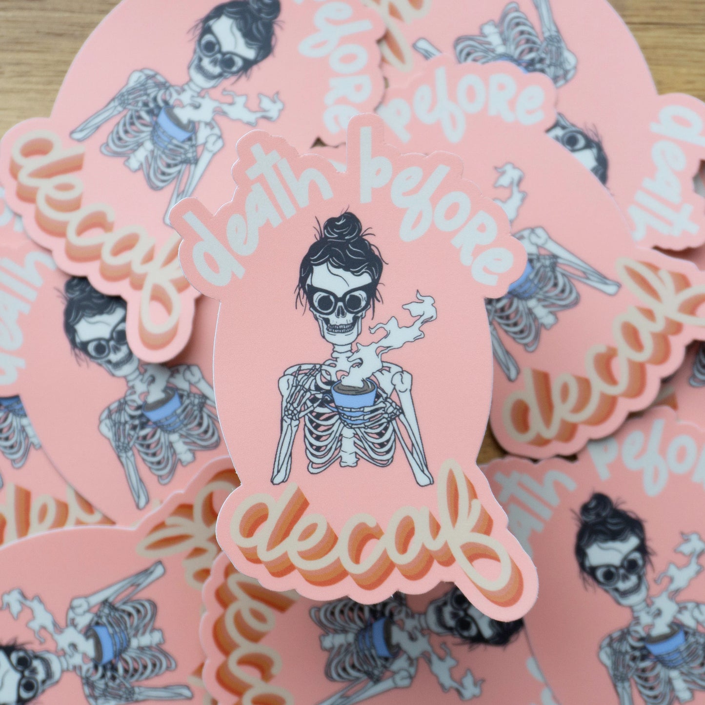 MINI Death Before Decaf Skeleton Sticker